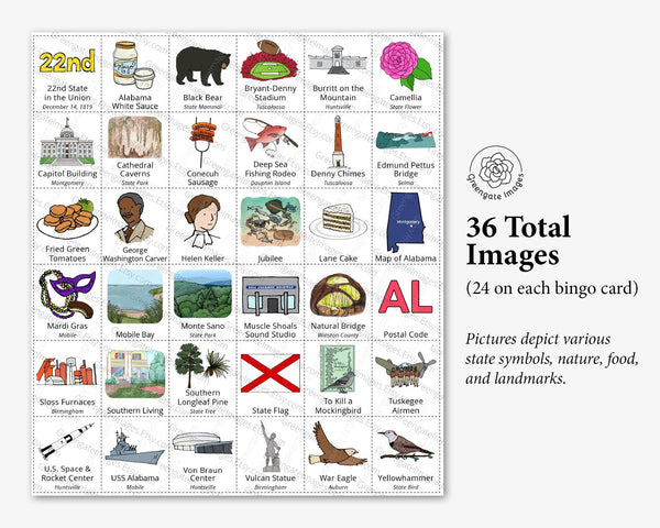 Alabama Bingo Cards - Printable Digital Download by Greengate Images