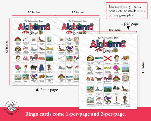 Alabama Bingo Cards - Printable Digital Download by Greengate Images