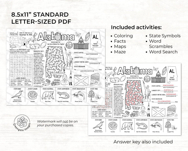 Alabama Activity Page - Printable Digital Download by Greengate Images
