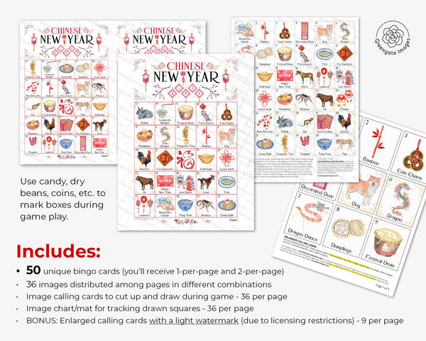 Chinese New Year Bingo - 50 PRINTABLE unique cards. Instant digital download PDF. Fun game/activity idea for Lunar New Year party & study.