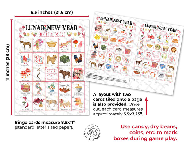 Lunar New Year Bingo - 50 PRINTABLE unique cards. Instant digital download PDF. Beautiful hand-painted artwork celebrating around the world.