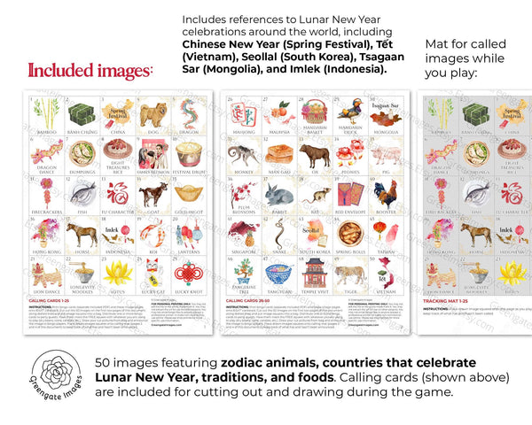 Lunar New Year Bingo - 50 PRINTABLE unique cards. Instant digital download PDF. Beautiful hand-painted artwork celebrating around the world.