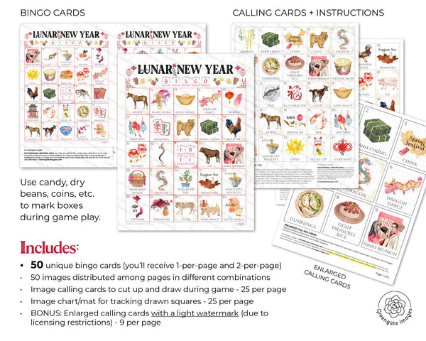 Lunar New Year Bingo - 50 PRINTABLE unique cards. Instant digital download PDF. Beautiful hand-painted artwork celebrating around the world.