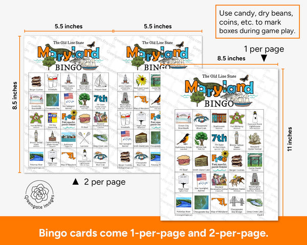 Maryland Bingo Cards - 50 PRINTABLE unique cards download instantly. Fun MD state activity for kids to seniors. Educational homeschool game