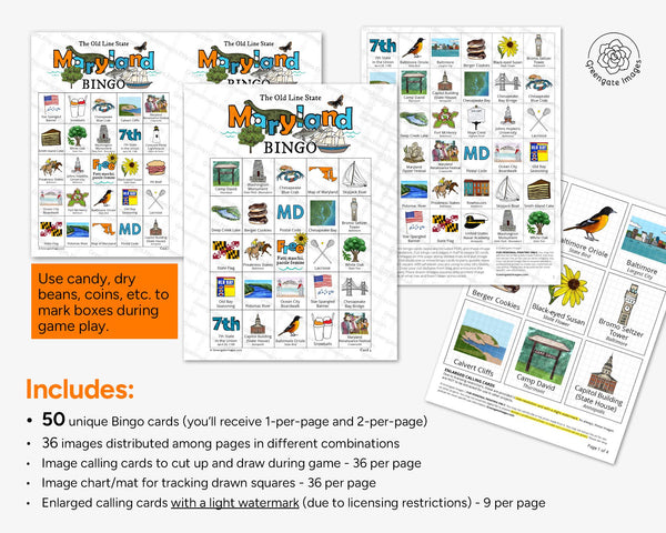 Maryland Bingo Cards - 50 PRINTABLE unique cards download instantly. Fun MD state activity for kids to seniors. Educational homeschool game