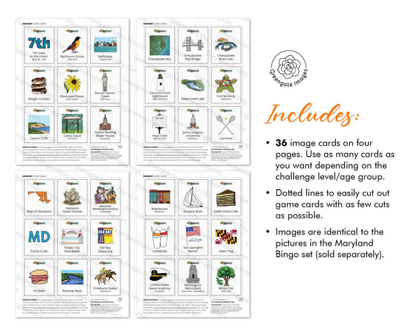 Maryland Memory Game - PRINTABLE downloadable activity PDF. Matching game. 36 picture cards representing symbols & aspects of a US state.