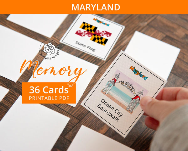 Maryland Memory Game - PRINTABLE downloadable activity PDF. Matching game. 36 picture cards representing symbols & aspects of a US state.