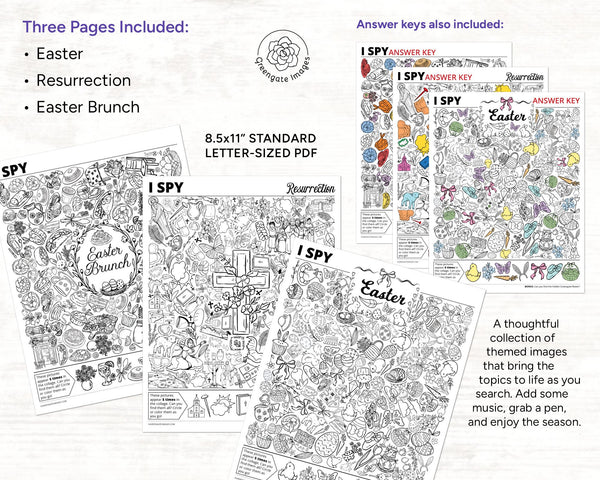 Easter I Spy Bundle - PRINTABLE. Answer Key Included! Three 8.5x11" activities for Lent, Holy Week, Sunday brunch. Instant download PDF.