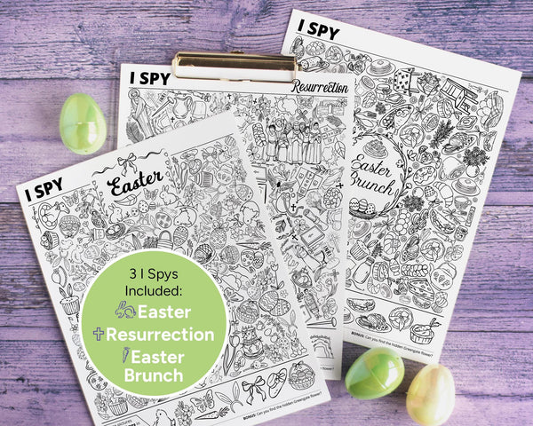 Easter I Spy Bundle - PRINTABLE. Answer Key Included! Three 8.5x11" activities for Lent, Holy Week, Sunday brunch. Instant download PDF.