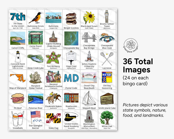Maryland Bingo Cards - 50 PRINTABLE unique cards download instantly. Fun MD state activity for kids to seniors. Educational homeschool game