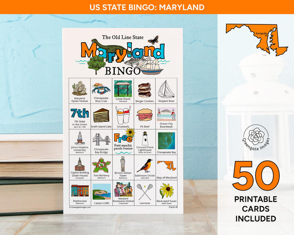 Maryland Bingo Cards - 50 PRINTABLE unique cards download instantly. Fun MD state activity for kids to seniors. Educational homeschool game
