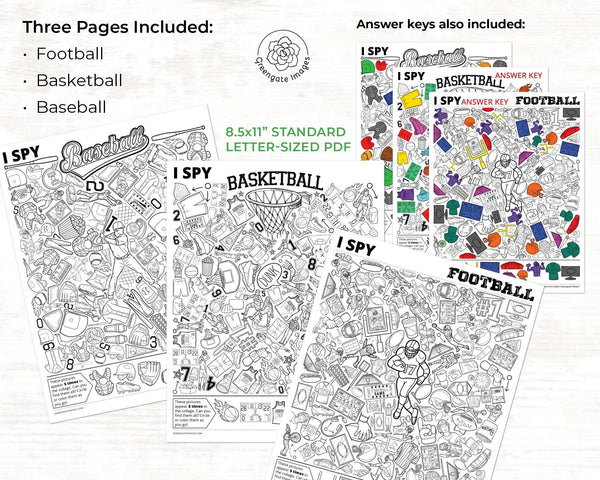 Sports I Spy Bundle - Football, Basketball, Baseball - Printable Digital Download by Greengate Images