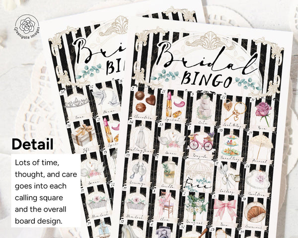 Bridal Bingo - 50 PRINTABLE unique cards. Parisian-inspired patisserie style w black and white vertical stripes. Subtle French/France vibes.