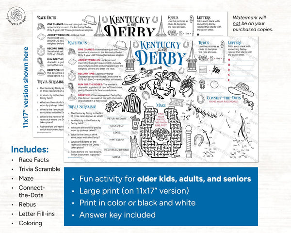 Kentucky Derby 11x17" and 8.5x11" Activity Page - Printable Digital Download by Greengate Images