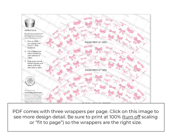 Pink Bow Cupcake Wrapper - Printable Digital Download by Greengate Images