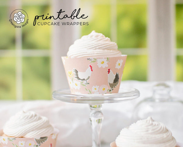 Hens and Flowers Cupcake Wrapper - Printable Digital Download by Greengate Images