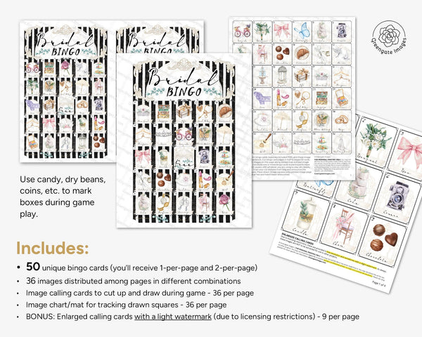 Bridal Bingo - 50 PRINTABLE unique cards. Parisian-inspired patisserie style w black and white vertical stripes. Subtle French/France vibes.