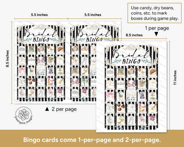 Bridal Bingo - 50 PRINTABLE unique cards. Parisian-inspired patisserie style w black and white vertical stripes. Subtle French/France vibes.