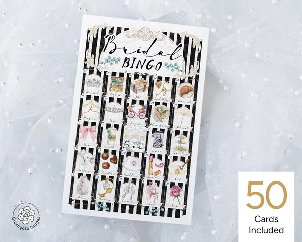 Bridal Bingo - 50 PRINTABLE unique cards. Parisian-inspired patisserie style w black and white vertical stripes. Subtle French/France vibes.