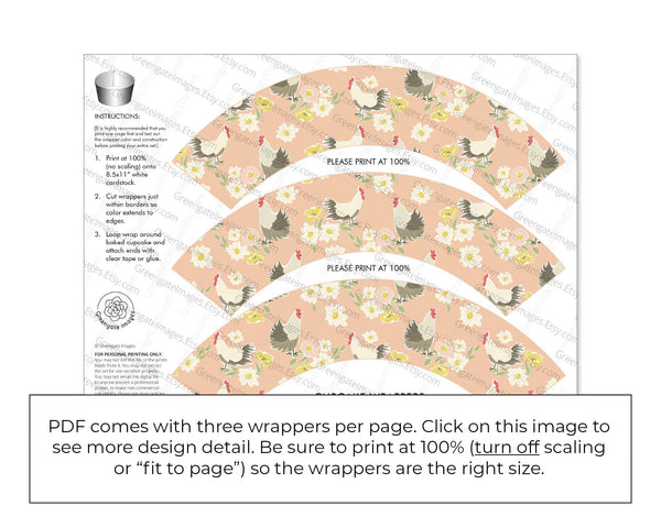 Hens and Flowers Cupcake Wrapper - Printable Digital Download by Greengate Images