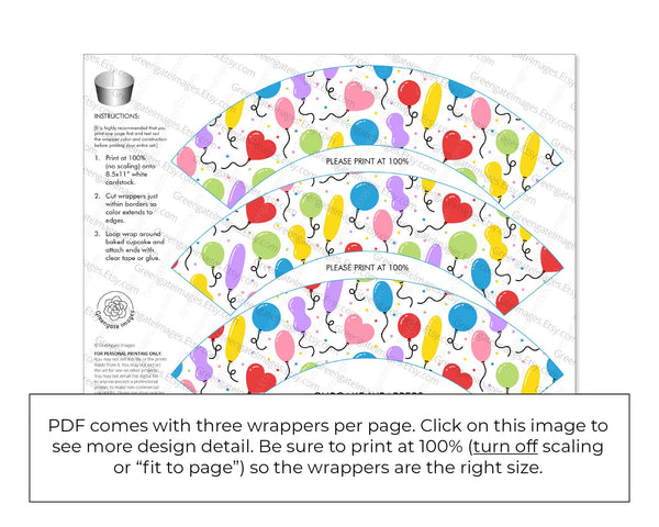 Balloon Cupcake Wrapper - Printable Digital Download by Greengate Images