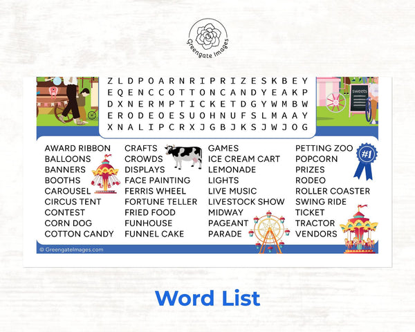 Fair/Carnival Word Search - PRINTABLE downloadable activity. Fun & whimsical word find for kids and adults. Lots of words. Colorful artwork.
