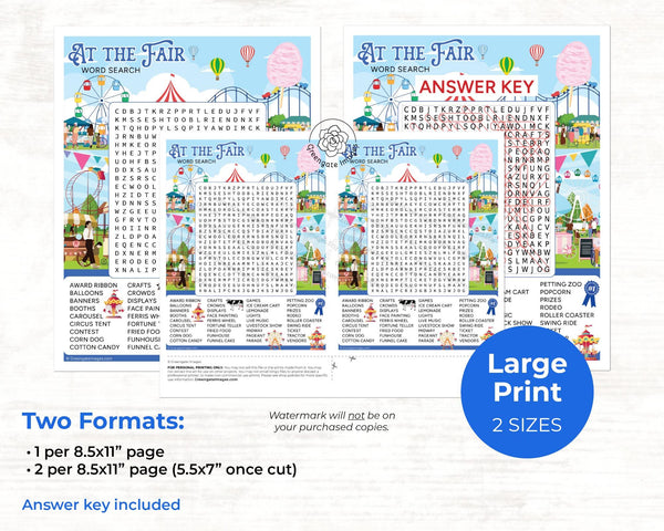 Fair/Carnival Word Search - PRINTABLE downloadable activity. Fun & whimsical word find for kids and adults. Lots of words. Colorful artwork.