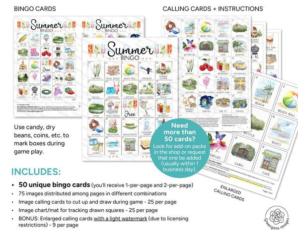 Summer Bingo - 75 IMAGE EDITION - 50 Printable Cards. Classroom or Senior Activity • Big Group • Digital Download • Hand-Painted Art (No AI)