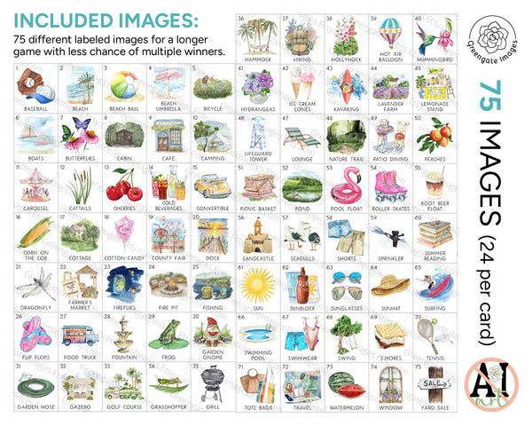 Summer Bingo - 75 IMAGE EDITION - 50 Printable Cards. Classroom or Senior Activity • Big Group • Digital Download • Hand-Painted Art (No AI)