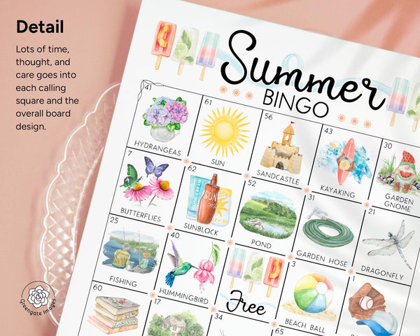 Summer Bingo - 75 IMAGE EDITION - 50 Printable Cards. Classroom or Senior Activity • Big Group • Digital Download • Hand-Painted Art (No AI)