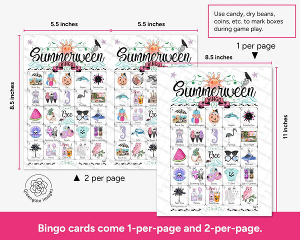 Summerween Bingo - 50 PRINTABLE unique cards. Spooky beach-themed Halloween game. Tropical and warm-weather imagery. Instant download PDF.