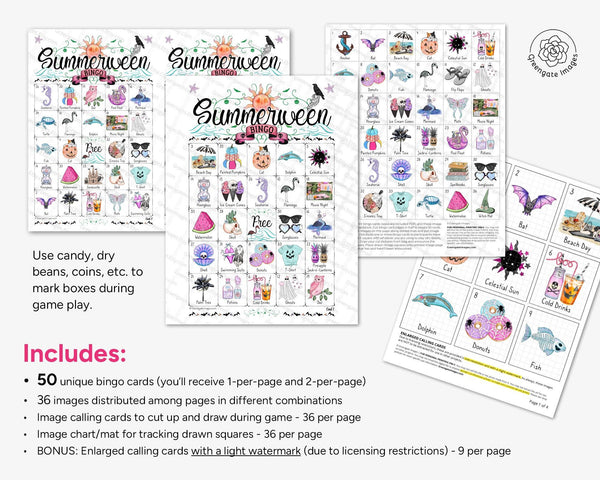 Summerween Bingo - 50 PRINTABLE unique cards. Spooky beach-themed Halloween game. Tropical and warm-weather imagery. Instant download PDF.
