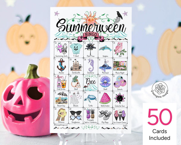 Summerween Bingo - 50 PRINTABLE unique cards. Spooky beach-themed Halloween game. Tropical and warm-weather imagery. Instant download PDF.