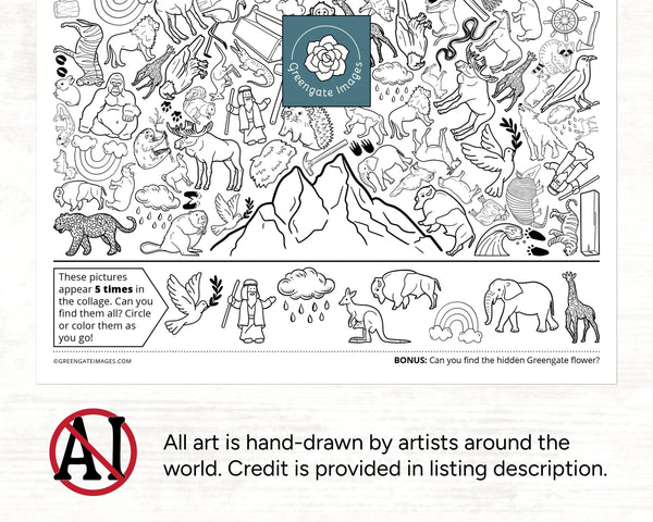 Noah's Ark I Spy - Printable Bible activity for kids & adults. Black and white coloring page with 40 hidden pictures (5 each of 8 images).