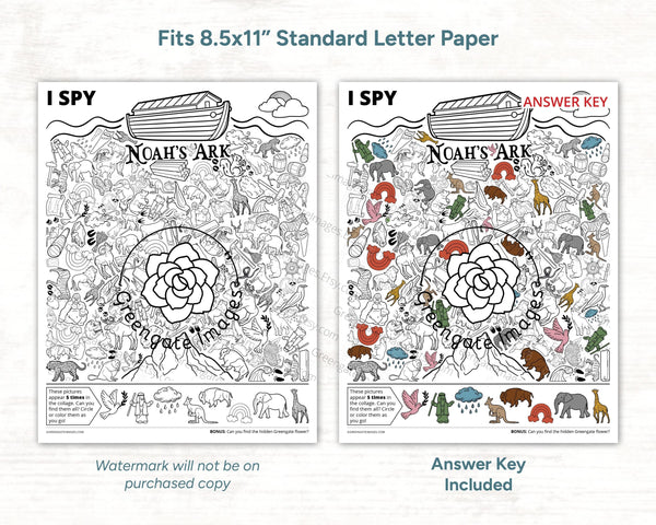 Noah's Ark I Spy - Printable Bible activity for kids & adults. Black and white coloring page with 40 hidden pictures (5 each of 8 images).
