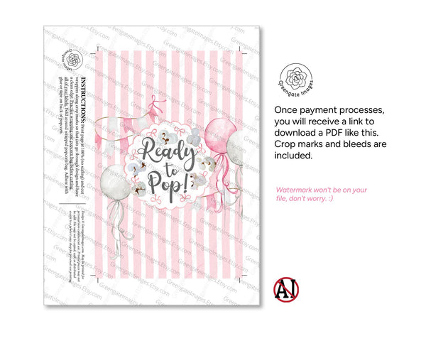 Ready to Pop Popcorn Wrapper - PRINTABLE microwave popcorn wrapper. She's ready to pop shower favor. Striped it's a girl birth announcement.