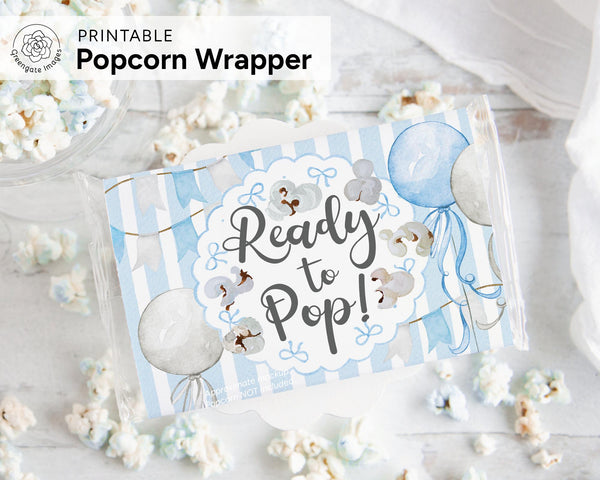 Ready to Pop Popcorn Wrapper - PRINTABLE microwave popcorn wrapper. She's ready to pop shower favor. Striped it's a boy birth announcement.
