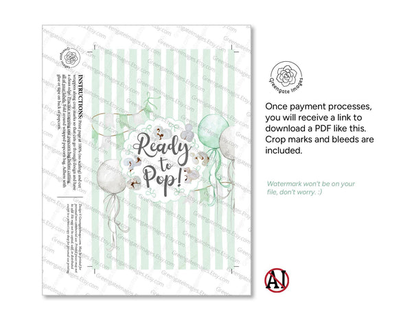 Ready to Pop Popcorn Wrapper - PRINTABLE microwave popcorn wrapper. She's ready to pop favor. Striped gender-neutral birth announcement.