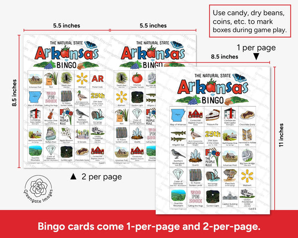 Arkansas Bingo Cards - 50 PRINTABLE unique cards download instantly. Fun AR state activity for kids to seniors. Educational homeschool game.