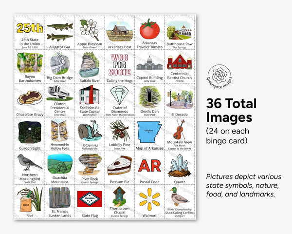 Arkansas Bingo Cards - 50 PRINTABLE unique cards download instantly. Fun AR state activity for kids to seniors. Educational homeschool game.