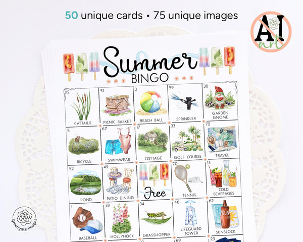 Summer Bingo - 75 IMAGE EDITION - 50 Printable Cards. Classroom or Senior Activity • Big Group • Digital Download • Hand-Painted Art (No AI)