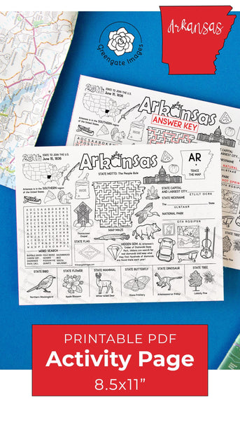 Arkansas Activity Page - AR state facts, word search, maze, unscramble 8.5x11" coloring placemat. Instant printable download PDF kids game.