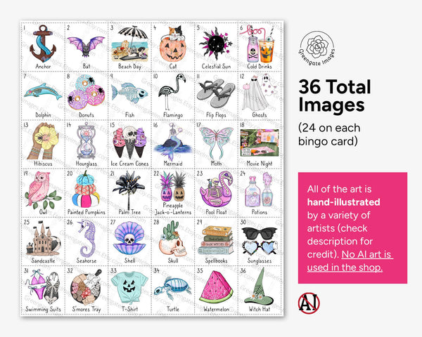 Summerween Bingo - 50 PRINTABLE unique cards. Spooky beach-themed Halloween game. Tropical and warm-weather imagery. Instant download PDF.