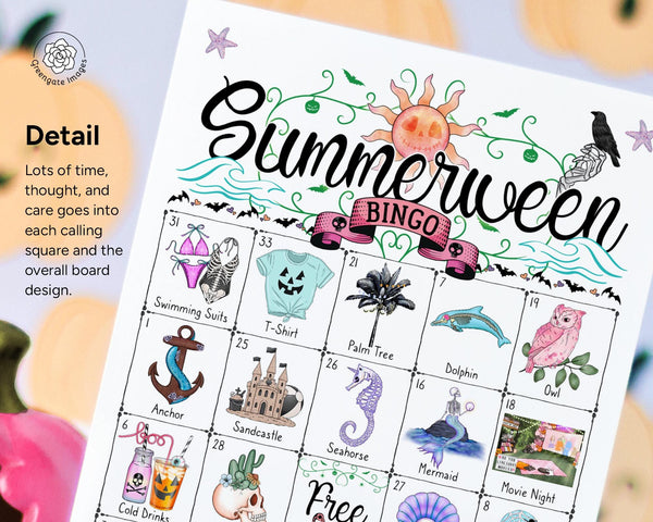 Summerween Bingo - 50 PRINTABLE unique cards. Spooky beach-themed Halloween game. Tropical and warm-weather imagery. Instant download PDF.