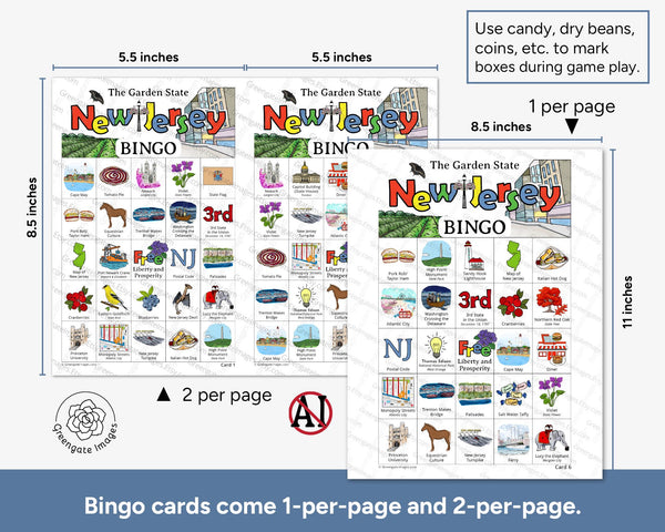 New Jersey Bingo - 50 PRINTABLE unique cards download instantly. Fun NJ state activity for kids to seniors. Educational homeschool game.