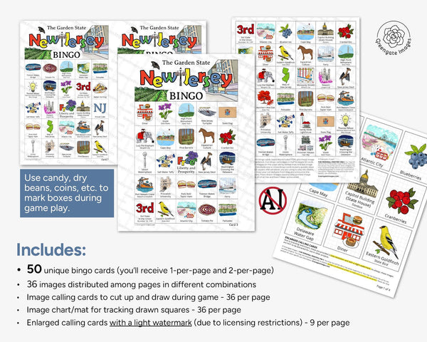 New Jersey Bingo - 50 PRINTABLE unique cards download instantly. Fun NJ state activity for kids to seniors. Educational homeschool game.