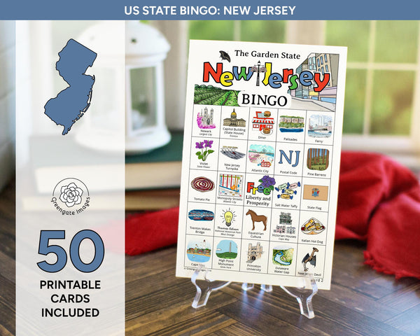 New Jersey Bingo - 50 PRINTABLE unique cards download instantly. Fun NJ state activity for kids to seniors. Educational homeschool game.