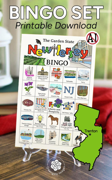 New Jersey Bingo - 50 PRINTABLE unique cards download instantly. Fun NJ state activity for kids to seniors. Educational homeschool game.