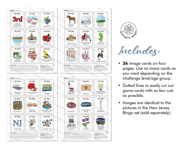 New Jersey Memory Game - PRINTABLE downloadable activity PDF. Matching game. 36 picture cards representing symbols & aspects of a US state.