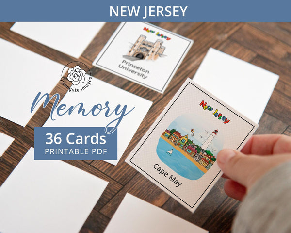 New Jersey Memory Game - PRINTABLE downloadable activity PDF. Matching game. 36 picture cards representing symbols & aspects of a US state.